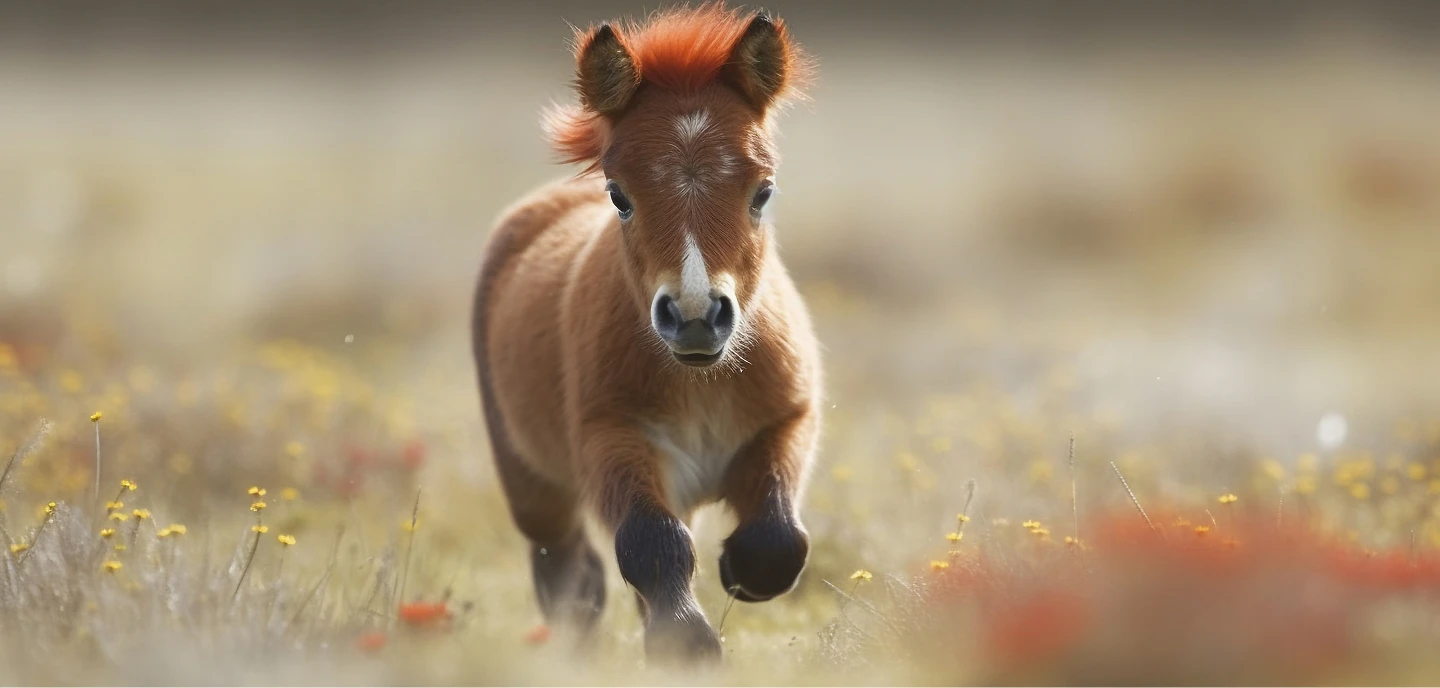 Mini horse in a sunny field